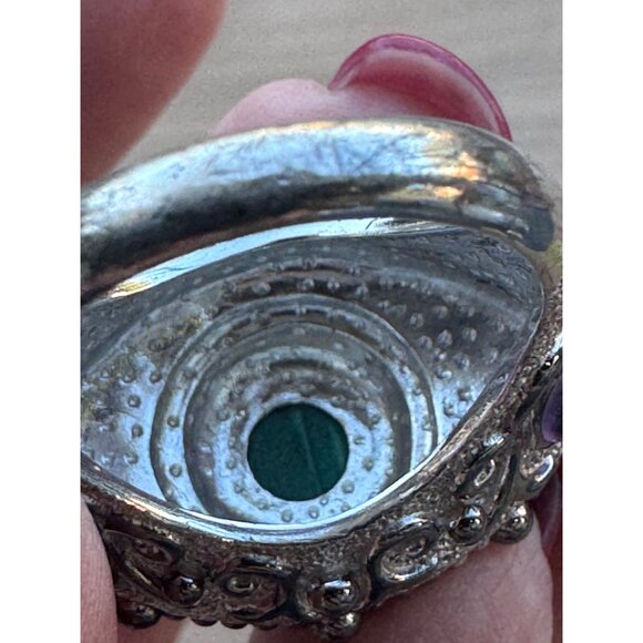 Sterling Silver 925 Ornate Ring w/ Malachite Center & Amethyst Accents Bali Boho - Picture 9 of 12